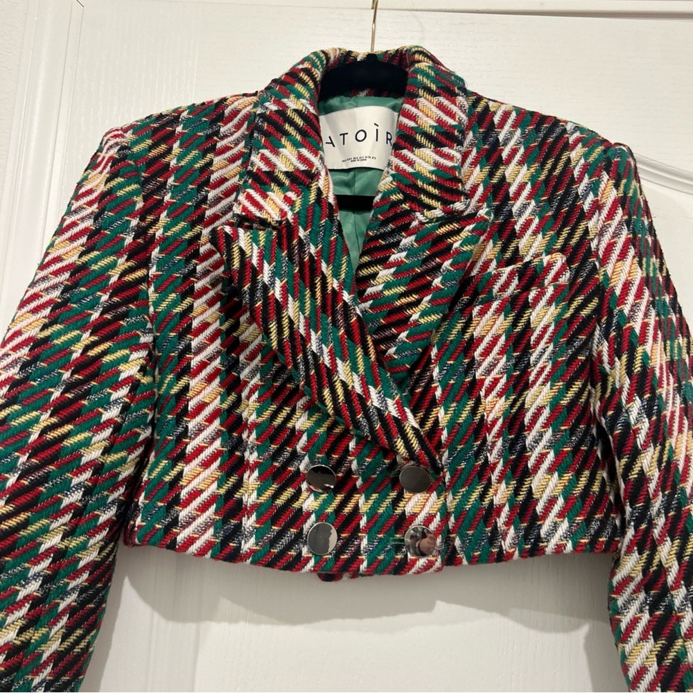 Atoir Tweed Crew Crop Blazer Checker Button Green Black 2 Sm Maje Sandro Style View 4